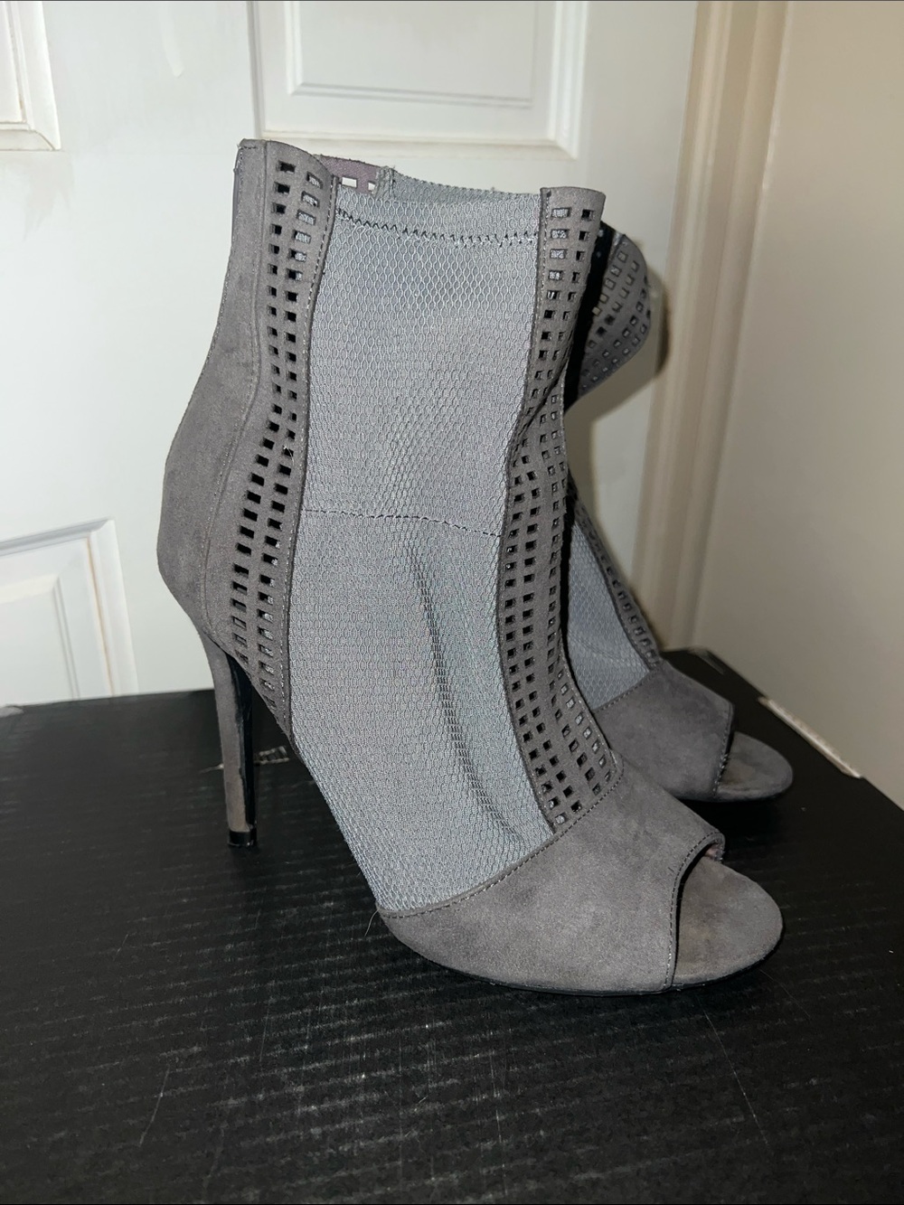 Qupid Grey Laser-Cut Peep-Toe Stiletto Booties